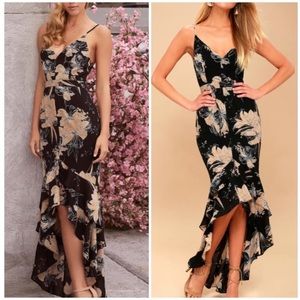 Lulu's Darling Daylily Black Floral Print High-Low Maxi Dress